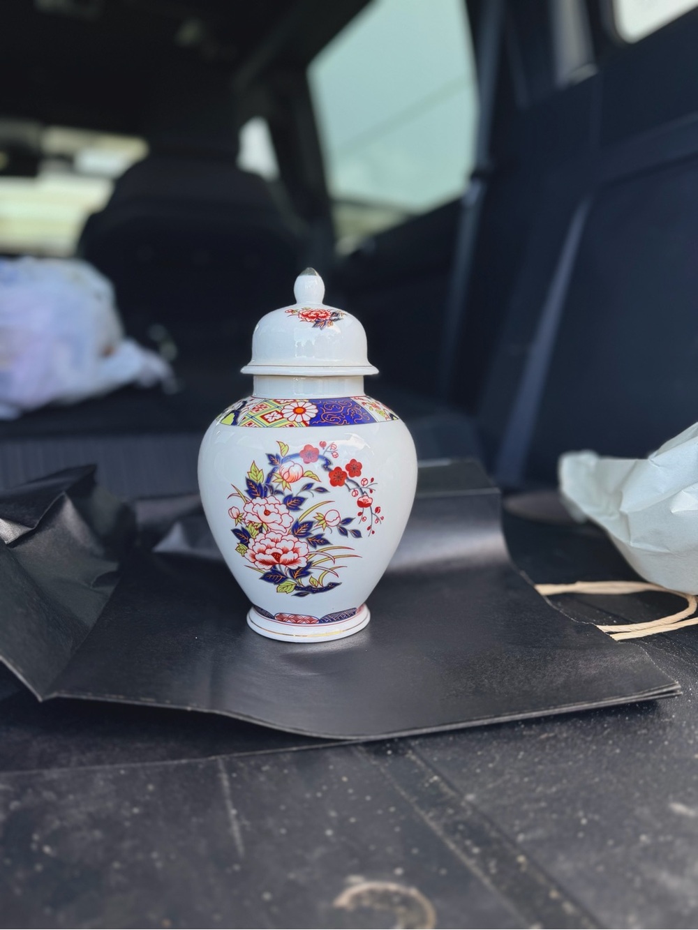 Porcelain Floral Ginger Jar - White with Multicolor Floral Design